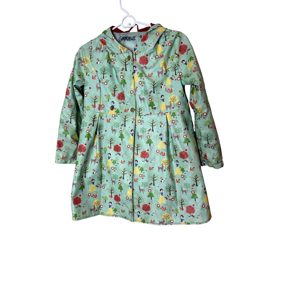 Disney Rain Coat Girls 9-10 Green Snow White Hooded Princess Print Zip Lined